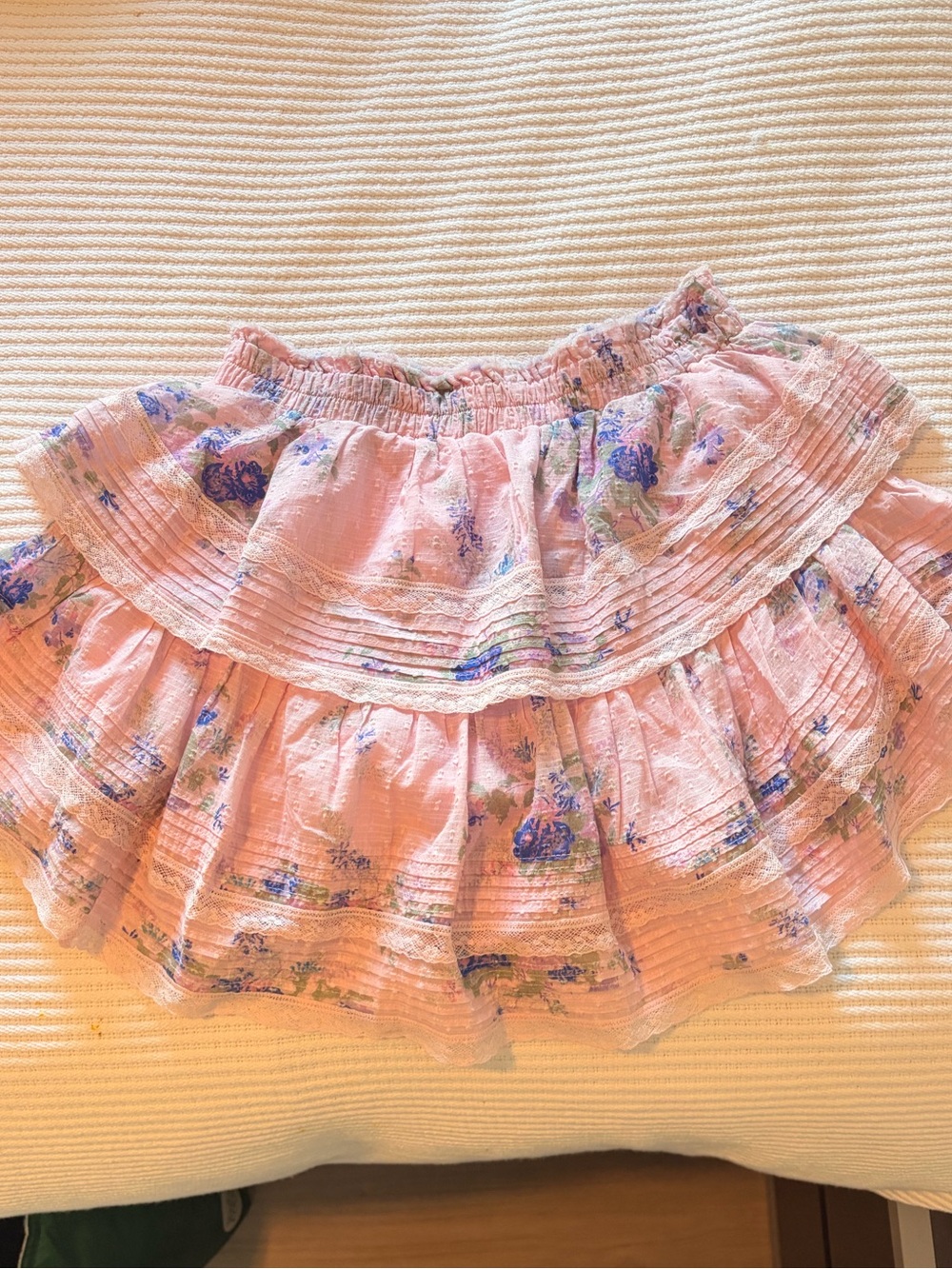 LoveShackFancy Pink Floral Tiered Ruffle Mini Skirt